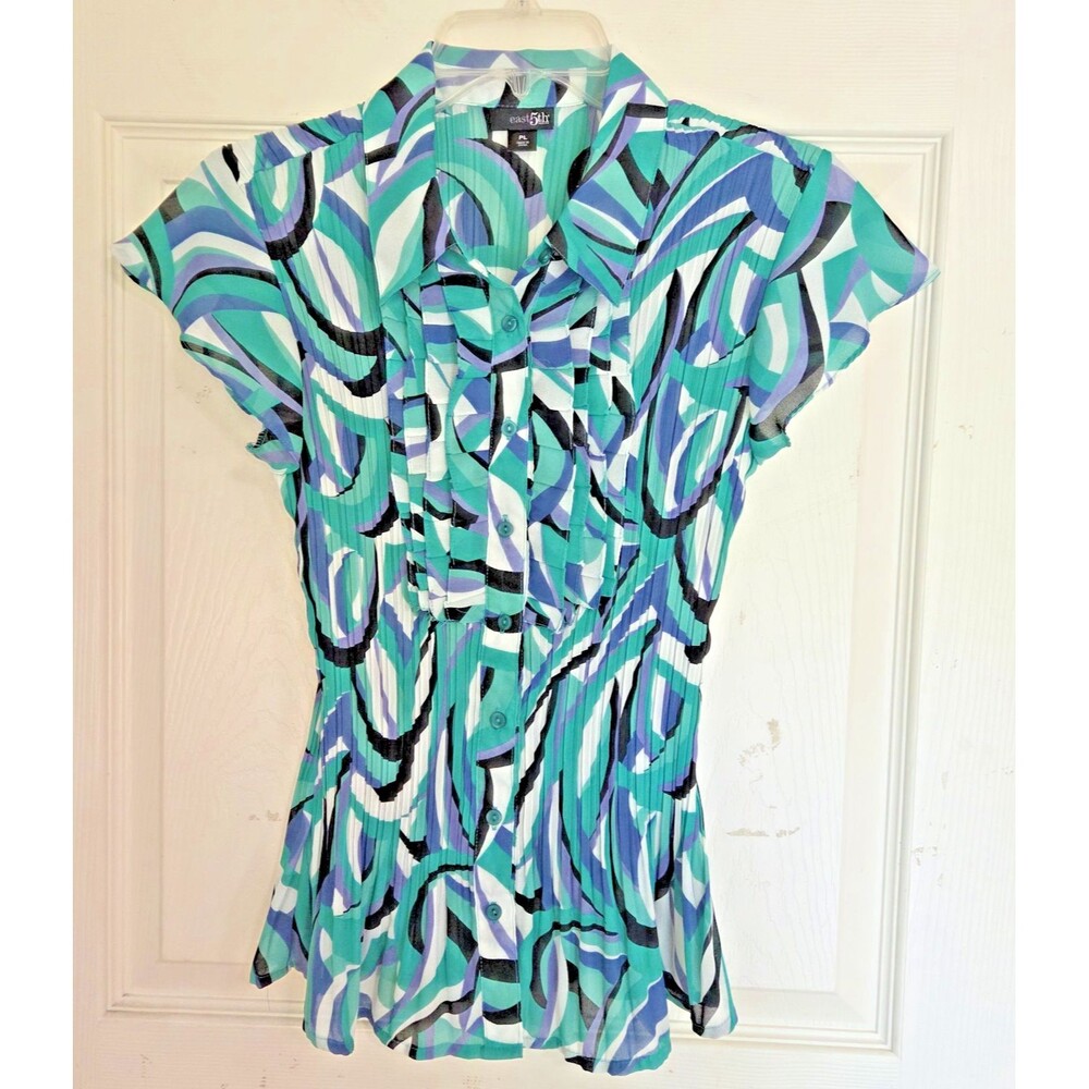 East 5th Womens Petite PL Green Crinkle Blouse Ruffle Short Sleeve Textured Top